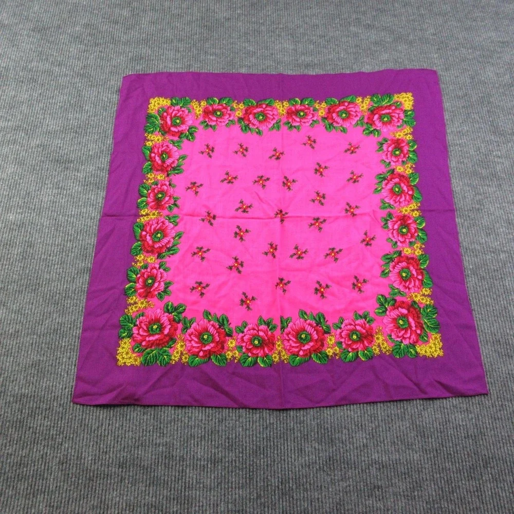 Ukrainian-Style Floral Babushka Scarf Womens One Size Pink Wool Square 32.5x34*
